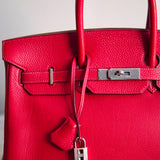 Bolsa Hermès Birkin 35 Togo Clemence Rouge Casaque com Ferragens Palladium