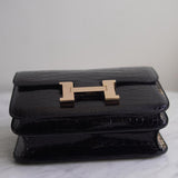 Bolsa Hermès Constance 24 Shiny Alligator Noir com Ferragens Gold