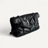 Bolsa Saint Laurent Lou Lou Puffer Preta com Ferragens Prateadas