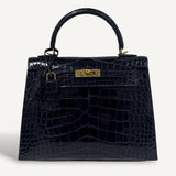 Bolsa Hermès Kelly 25 Sellier Croco Shiny Bleu Indigo com Ferragens Gold