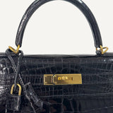 Bolsa Hermès Kelly 28 Croco Shiny Noir com Ferragens Gold