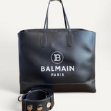 Bolsa Balmain Tote Shopping Bag em Couro Preto