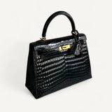 Bolsa Hermès Kelly 25 Crocodile Niloticus Shiny Noir com Ferragens Gold
