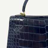 Bolsa Hermès Kelly 25 Sellier Croco Shiny Bleu Indigo com Ferragens Gold
