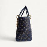 Bolsa Dior Lady Dior Medium Denim Cannage Studded Supple Navy Blue