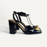 Sandália Valentino Black Patent Leather Heels with Gold One Stud Detail