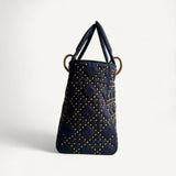 Bolsa Dior Lady Dior Medium Denim Cannage Studded Supple Navy Blue