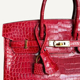 Bolsa Hermès Birkin 25 Croco Shiny Braise com Ferragens Gold