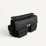 Bolsa Valentino Black Leather Rockstud Spike Top Handle com Ferragens Douradas