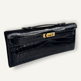 Bolsa Hermès Kelly Cut Croco Porosus Shiny Bleu Nuit com Ferragens Gold