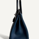 Bolsa Hermès Birkin 25 Epsom Blue de Plus, Indigo e Preto com Ferragens Palladium