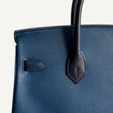 Bolsa Hermès Birkin 25 Epsom Blue de Plus, Indigo e Preto com Ferragens Palladium