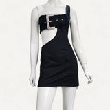 Vestido Área Curto Preto com Ferragem Prata e Strass - M