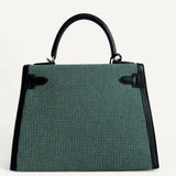 Bolsa Hermés Kelly 28 Toile Quadrille Vert com Ferragens Palladium