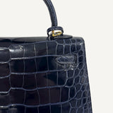 Bolsa Hermès Kelly 25 Sellier Croco Shiny Bleu Indigo com Ferragens Gold