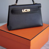 Bolsa Hermès Mini Kelly Epsom Noir com Ferragens Gold