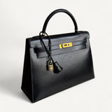 Bolsa Hermès Kelly 32 Calf Box Noir Vintage com Ferragens Gold