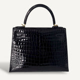 Bolsa Hermès Kelly 28 Croco Shiny Noir com Ferragens Gold