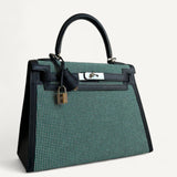 Bolsa Hermés Kelly 28 Toile Quadrille Vert com Ferragens Palladium