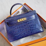 Bolsa Hermès Mini Kelly Alligator Shiny Bleu Saphir com Ferragens Gold