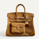 Bolsa Hermès Birkin 25 Cargo Desert/Sesame Toile Goeland com Ferragens Palladium